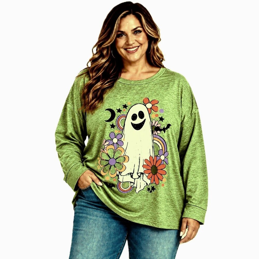 Hippie Ghost Floral Rainbow Halloween Long Sleeve Top 2XL NWT
